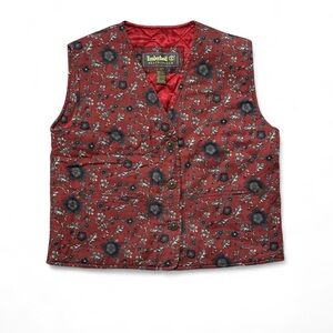 Timberland Red Floral Button-up Quilted Vest Women's Size Small Cottage Core